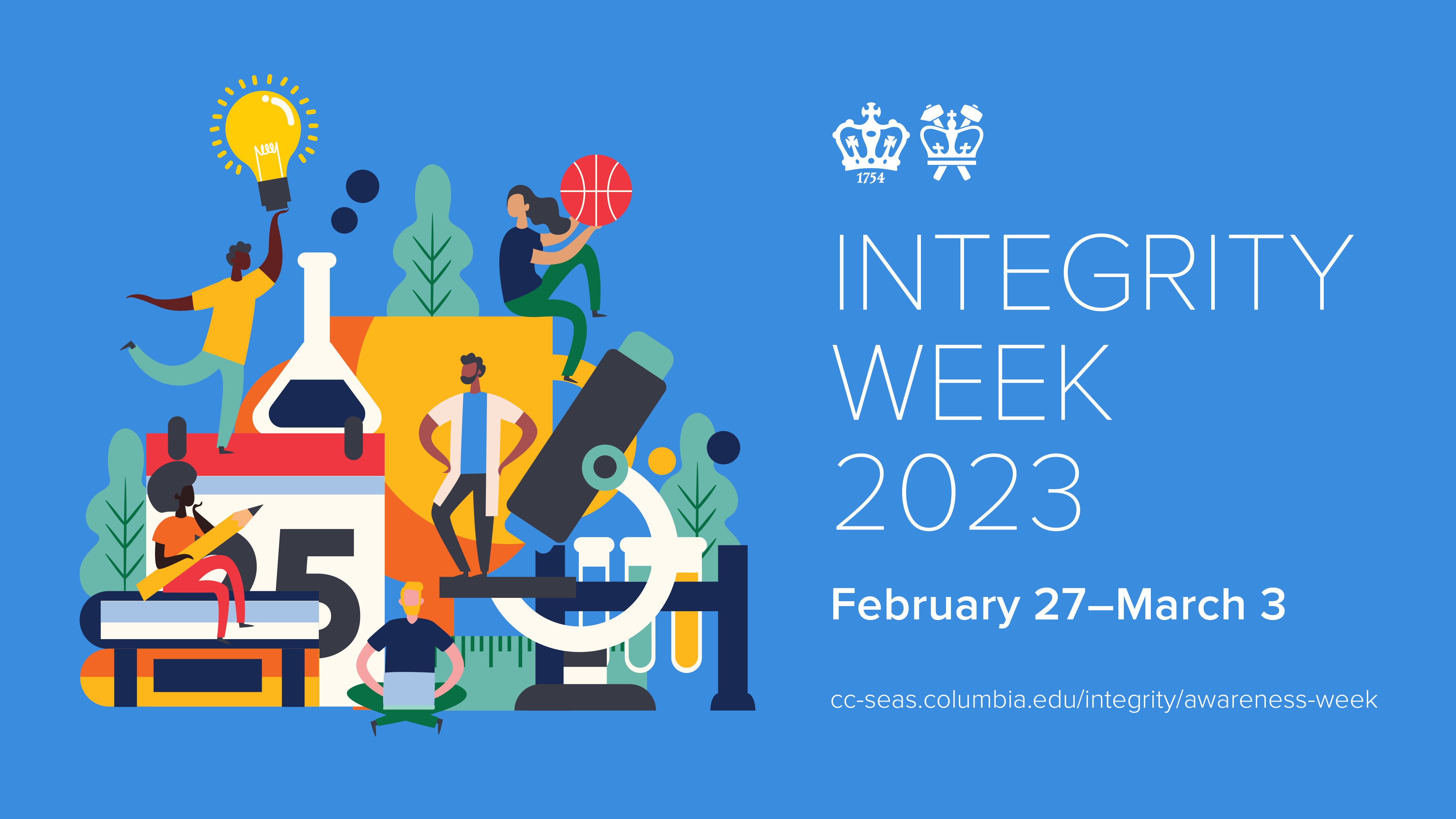 Columbia Integrity Week 2023 logo with blue background and student images with date of the week