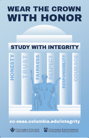 Pillars of the Low Library with the following academic integrity values on each pillar: honesty, trust, fairness, respect, responsibility and courage