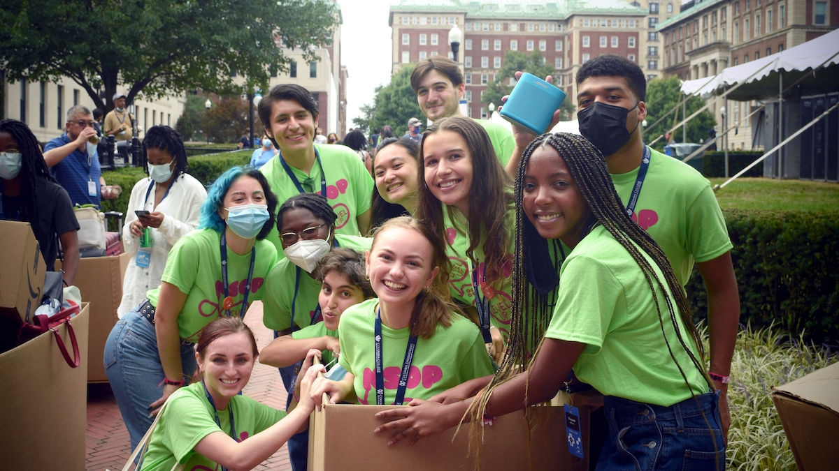 Group of student orientation volunteers on Columbia University campus