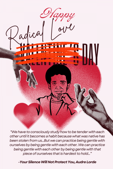 Text reads 'Happy Valentine's Day' with 'Valentine's' crossed out and 'Radical Love' written in