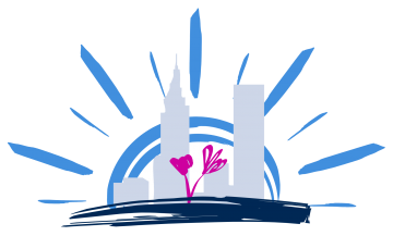 sketch of sun rising behind silhouette of NYC skyline and sketch of two flowers in the foreground