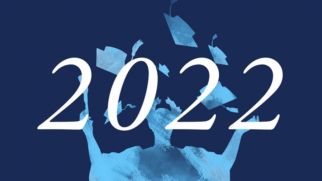 Alma and graduation caps overlaid with 2022