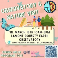 square image containing trees, two people hiking, a image of a planet, and a sandwich with the text Observatory and Nature Visit, Friday, March 18th 10am-3pm Lamont Doherty Earth Observatory.